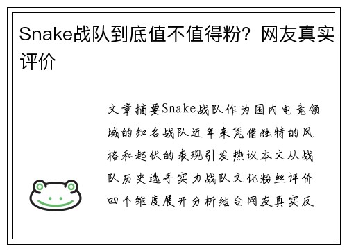 Snake战队到底值不值得粉？网友真实评价