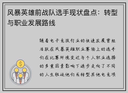 风暴英雄前战队选手现状盘点：转型与职业发展路线